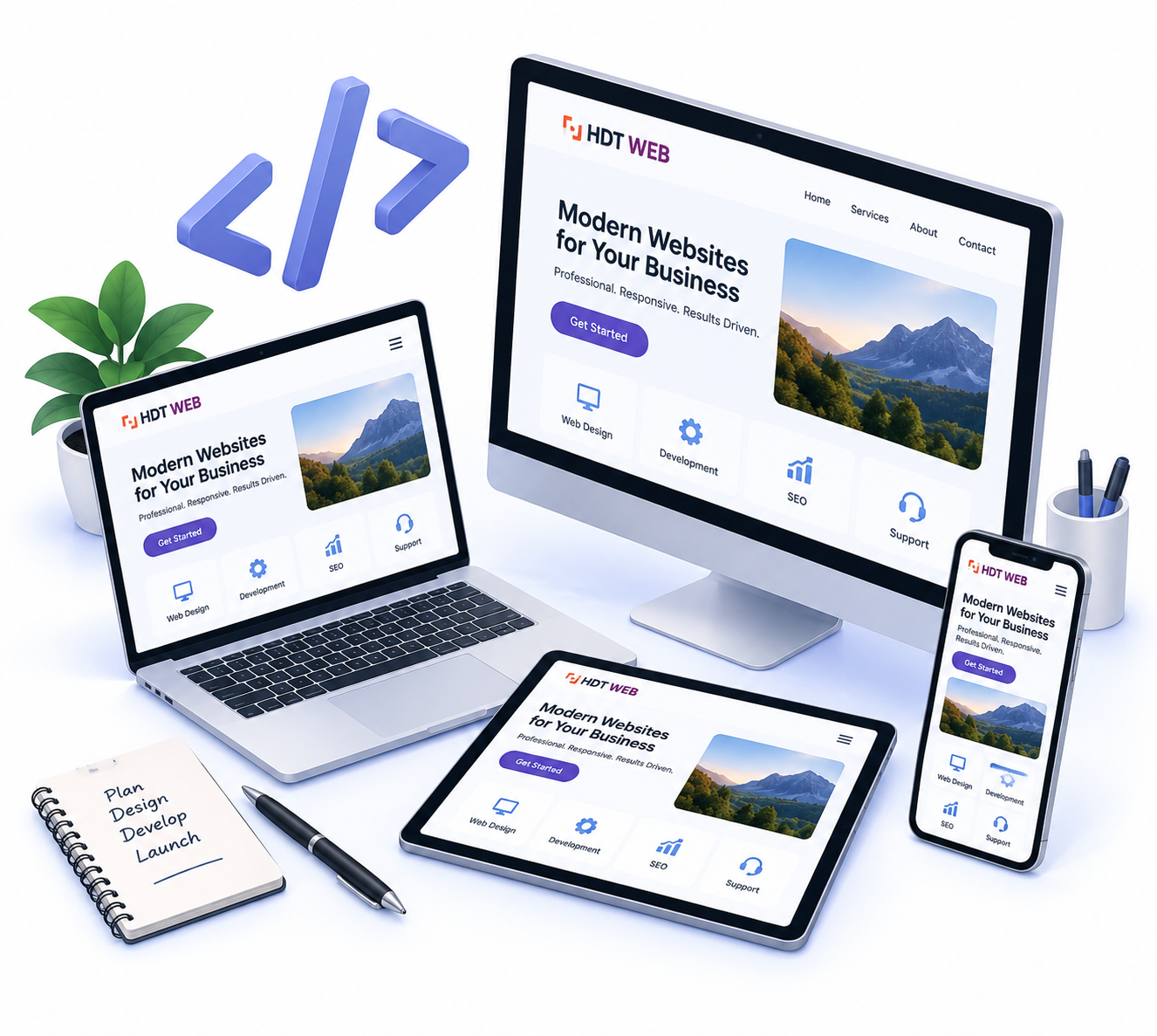Responsive website layouts shown across desktop tablet and mobile devices