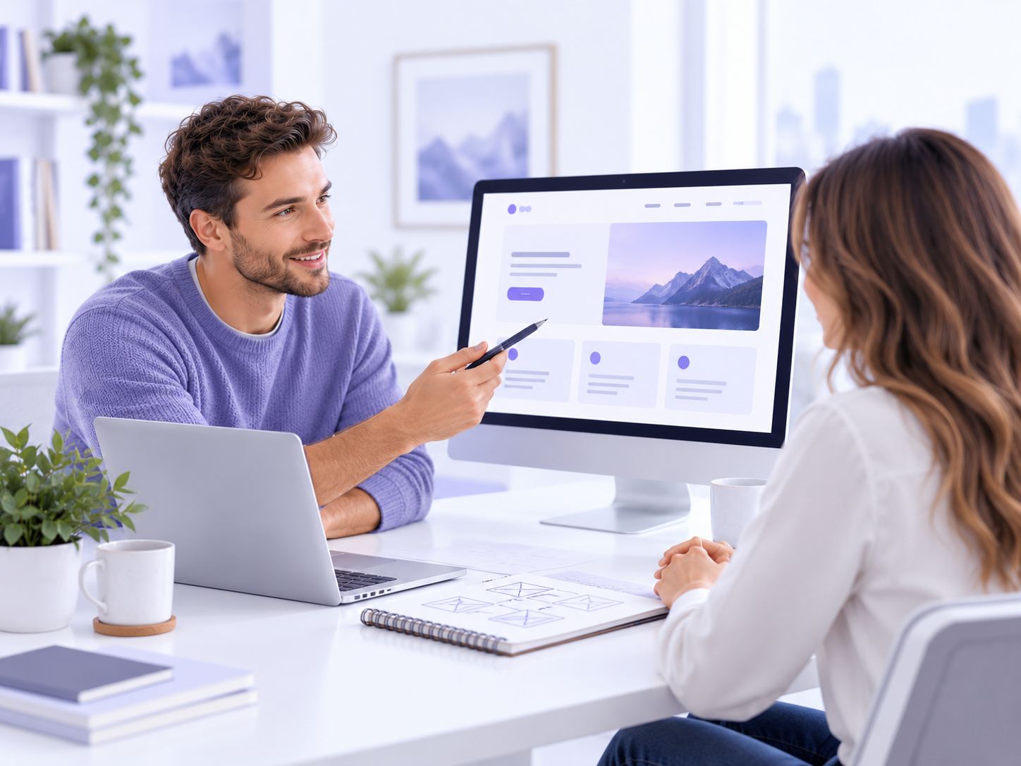 Independent website specialist discussing a website project with a client
